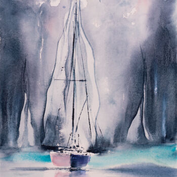 Pintura intitulada "***Sailing XVI***" por Yuriy Kraft, Obras de arte originais, Aquarela