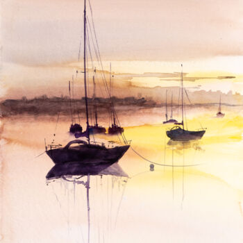 Painting titled "***Sunset harbour***" by Yuriy Kraft, Original Artwork, Watercolor