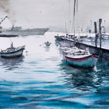 Картина под названием "***Harbour III***" - Yuriy Kraft, Подлинное произведение искусства, Акварель