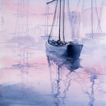 Pintura intitulada "***Morning harbour*…" por Yuriy Kraft, Obras de arte originais, Aquarela