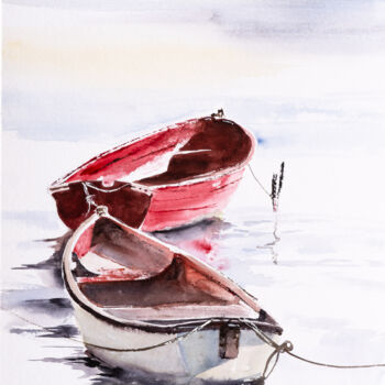 Painting titled "***Two Boats***" by Yuriy Kraft, Original Artwork, Watercolor