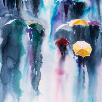 Painting titled "***Raining Street***" by Yuriy Kraft, Original Artwork, Watercolor