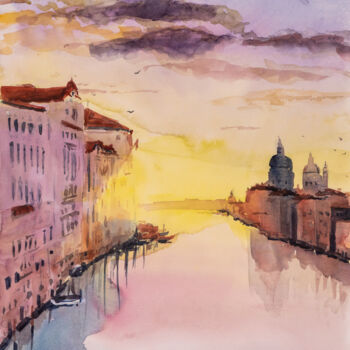 Painting titled "***Sunset***" by Yuriy Kraft, Original Artwork, Watercolor