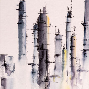 Pintura intitulada "***Industrial lands…" por Yuriy Kraft, Obras de arte originais, Aquarela