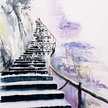 Pintura intitulada "***Stairway***" por Yuriy Kraft, Obras de arte originais, Aquarela