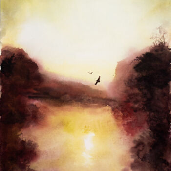 Painting titled "***Over the Lake***" by Yuriy Kraft, Original Artwork, Watercolor