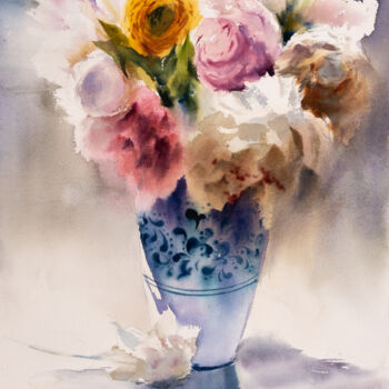 Pintura intitulada "***Flowers comp XII…" por Yuriy Kraft, Obras de arte originais, Aquarela