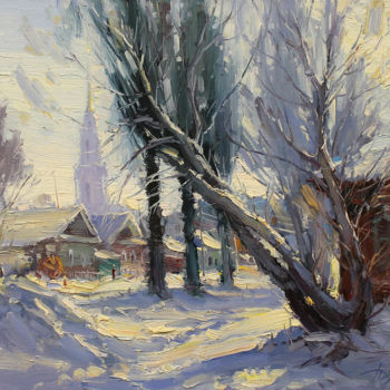 Painting titled "Under the poplars" by Yuriy Demiyanov, Original Artwork, Oil Mounted on Wood Stretcher frame