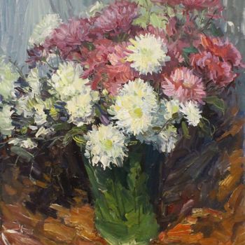 Картина под названием "Chrysanthemums" - Yuriy Demiyanov, Подлинное произведение искусства, Масло Установлен на Деревянная р…