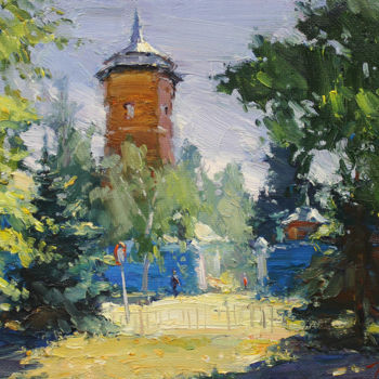 Schilderij getiteld "Pump-house" door Yuriy Demiyanov, Origineel Kunstwerk, Olie Gemonteerd op Frame voor houten brancard