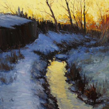 Картина под названием "Sunset by the stream" - Yuriy Demiyanov, Подлинное произведение искусства, Масло Установлен на Деревя…