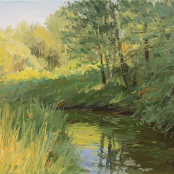 Painting titled "At the water" by Yuriy Demiyanov, Original Artwork, Oil Mounted on Wood Stretcher frame