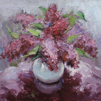 Painting titled "Lilac bouquet" by Yuriy Demiyanov, Original Artwork, Oil Mounted on Wood Stretcher frame