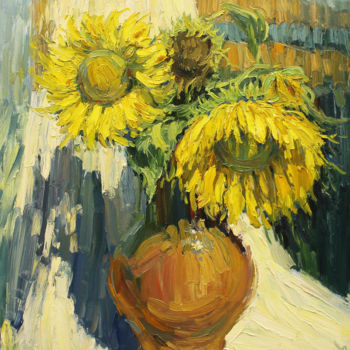 Картина под названием "Sunflowers on white" - Yuriy Demiyanov, Подлинное произведение искусства, Масло Установлен на Подрамн…