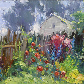 Картина под названием "Near the fence" - Yuriy Demiyanov, Подлинное произведение искусства, Масло Установлен на Деревянная р…