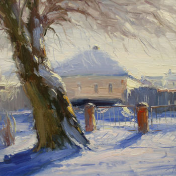 Painting titled "Snow-covered poplar" by Yuriy Demiyanov, Original Artwork, Oil Mounted on Wood Stretcher frame