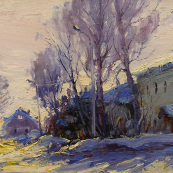 Painting titled "Sun in the snow" by Yuriy Demiyanov, Original Artwork, Oil Mounted on Wood Stretcher frame