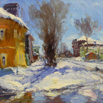 Painting titled "The last snow" by Yuriy Demiyanov, Original Artwork, Oil Mounted on Wood Stretcher frame