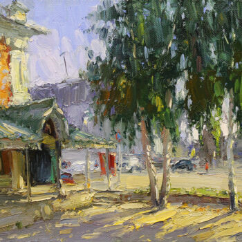 Painting titled "In the shade of bir…" by Yuriy Demiyanov, Original Artwork, Oil Mounted on Wood Stretcher frame