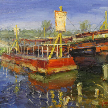 Painting titled "Pontoon bridge" by Yuriy Demiyanov, Original Artwork, Oil Mounted on Wood Stretcher frame