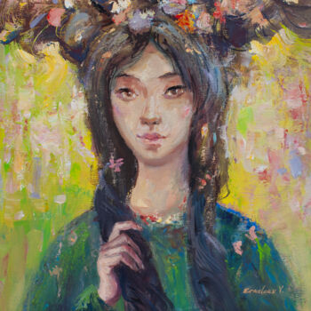 Pittura intitolato "Girl with braids" da Yuri Ermolaev, Opera d'arte originale, Acrilico Montato su Telaio per barella in le…