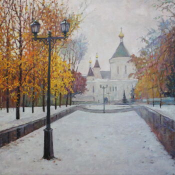 Painting titled "With first snow." by Yury Sapozhnikov, Original Artwork, Oil