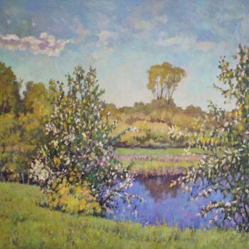 Peinture intitulée "cherry blossoms" par Yury Sapozhnikov, Œuvre d'art originale, Huile