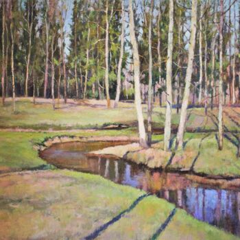 Peinture intitulée "under the spring ra…" par Yury Sapozhnikov, Œuvre d'art originale, Huile