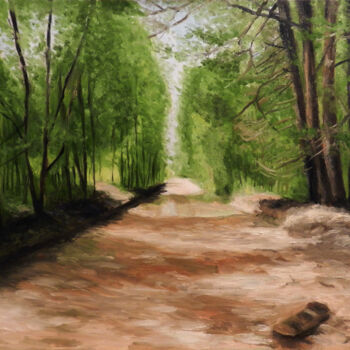 Schilderij getiteld "Forest Road" door Yury Smirnov, Origineel Kunstwerk, Olie