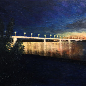 Schilderij getiteld "Night bridge in Niz…" door Yury Smirnov, Origineel Kunstwerk, Olie Gemonteerd op Frame voor houten bran…