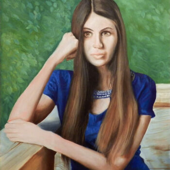 Schilderij getiteld "Maria sitting on th…" door Yury Smirnov, Origineel Kunstwerk, Olie Gemonteerd op Frame voor houten bran…