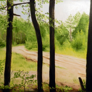 Schilderij getiteld "Forest walk" door Yury Smirnov, Origineel Kunstwerk, Olie Gemonteerd op Frame voor houten brancard