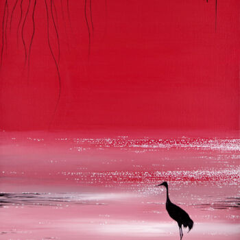 Painting titled "Crane in the sunset" by Yuxiang Liu, Original Artwork, Acrylic