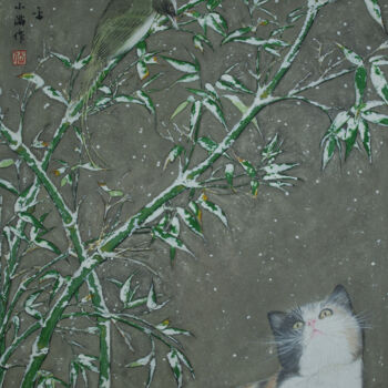 Картина под названием "Xue" - Yuxiang Liu, Подлинное произведение искусства, Пигменты Установлен на картон