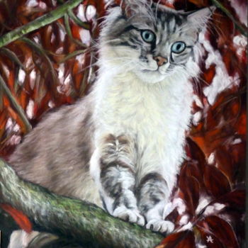 Painting titled "CHAT PERCHE" by Yva Arvis, Original Artwork, Pastel