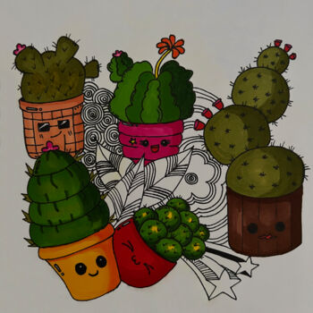 Drawing titled "Happy Cactus Doodle" by Yvart, Original Artwork, Marker