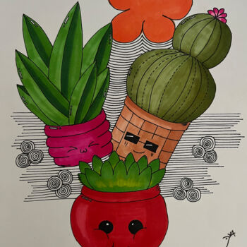 Dibujo titulada "Happy Cactus Doodle…" por Yvart, Obra de arte original, Rotulador