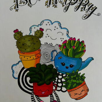 Dessin intitulée "Be Happpy Cactus Do…" par Yvart, Œuvre d'art originale, Encre