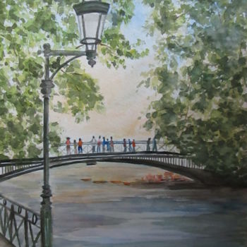 Schilderij getiteld "Le pont des amours…" door Yveline Corbard, Origineel Kunstwerk, Aquarel