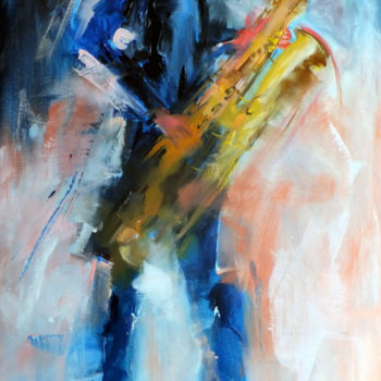 Pittura intitolato "le Saxophoniste" da Yveline Javer, Opera d'arte originale, Olio