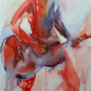 Schilderij getiteld "guitare attitude" door Yveline Javer, Origineel Kunstwerk, Aquarel