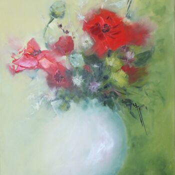 Painting titled "Les coquelicots de…" by Yveline Javer, Original Artwork, Oil