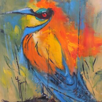 Painting titled "Oiseau multicolore" by Yveline Javer, Original Artwork, Oil