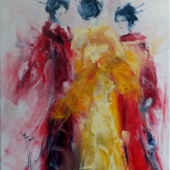 Painting titled "Geishas conciliabul…" by Yveline Javer, Original Artwork, Oil