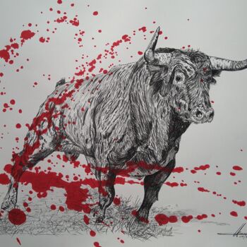 Desenho intitulada "Taureau" por Yves Briais, Obras de arte originais, Conté