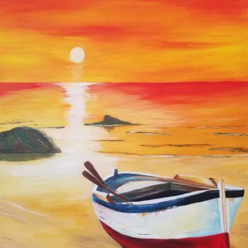 Painting titled "Barque au coucher d…" by Yves Burban, Original Artwork, Acrylic Mounted on Wood Stretcher frame