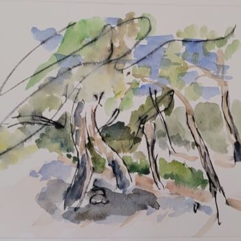 Painting titled "Abstraction - Arbres" by Yves Le Brun, Original Artwork, Watercolor