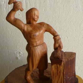Sculpture intitulée "Forgeron au travail" par Yves Le Mauff, Œuvre d'art originale, Bois