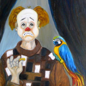 Картина под названием "Le clown et l'oiseau" - Yves Le Mauff, Подлинное произведение искусства, Масло