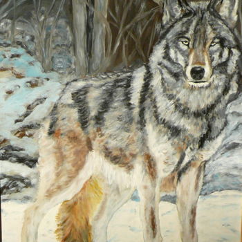 Schilderij getiteld "le regard du loup" door Yves Le Mauff, Origineel Kunstwerk, Olie